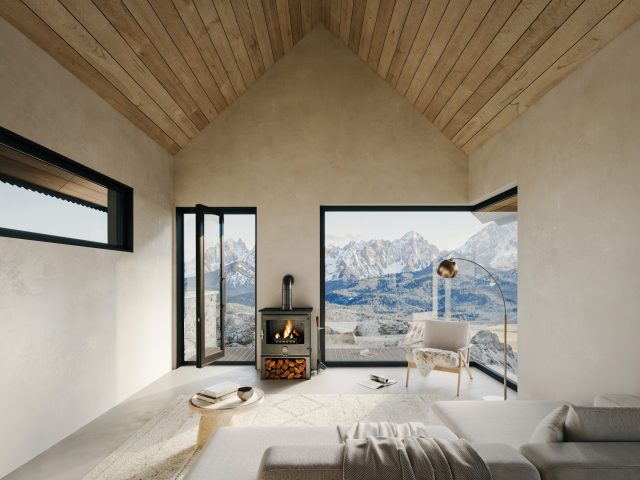 Interior Cabin view of the Sawtooth mountain range from the cliff.