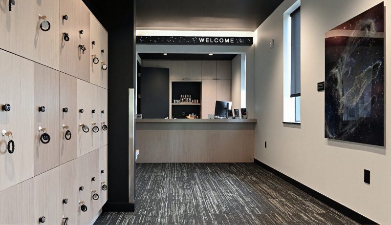 The front desk, gallery, and lockers of Snow King Observatory.