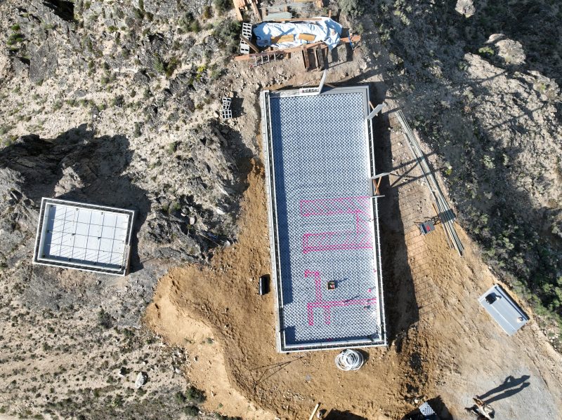Aerial showing a sustainable construction slab design in Stanley, Idaho.